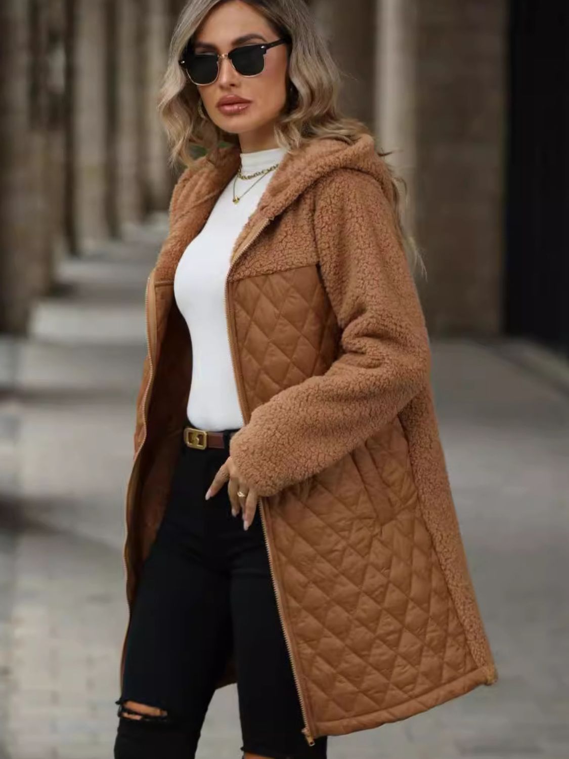 Texture Zip Up Long Sleeve Hooded Coat - Aurelia Clothing