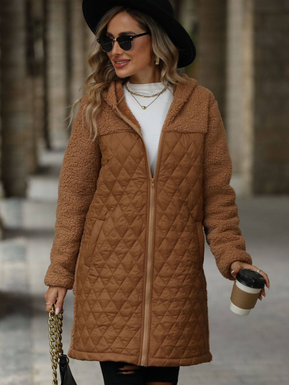 Texture Zip Up Long Sleeve Hooded Coat - Aurelia Clothing