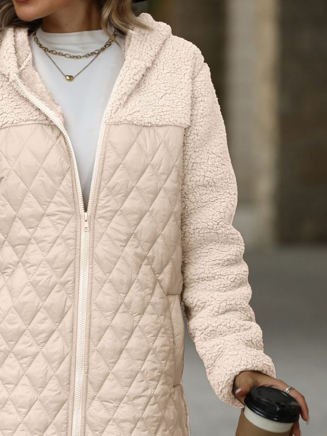 Texture Zip Up Long Sleeve Hooded Coat - Aurelia Clothing