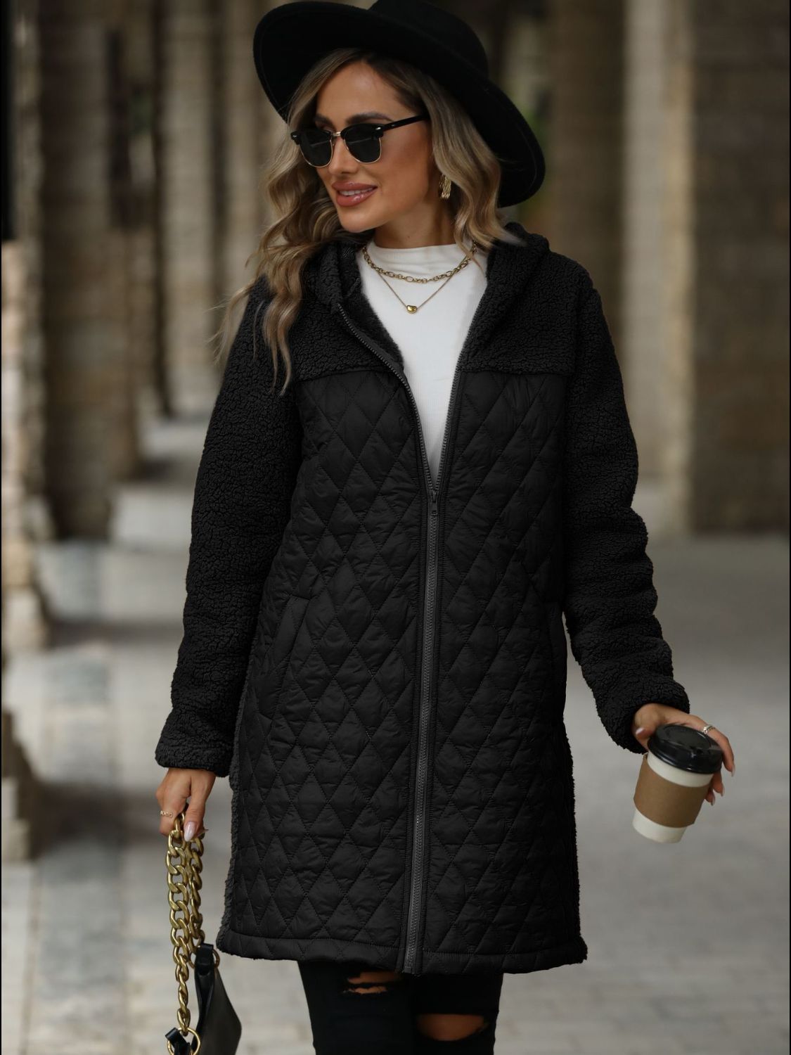 Texture Zip Up Long Sleeve Hooded Coat - Aurelia Clothing
