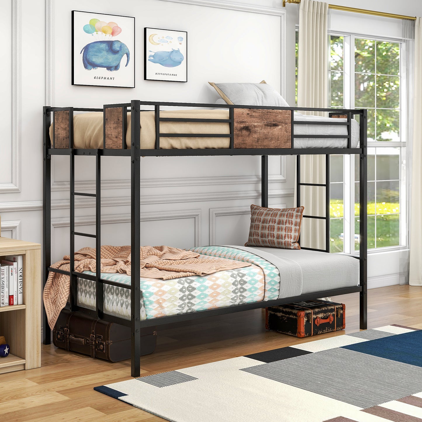 Twin Over Twin Size Metal Bunk Bed Black - Free Shipping - Aurelia Clothing