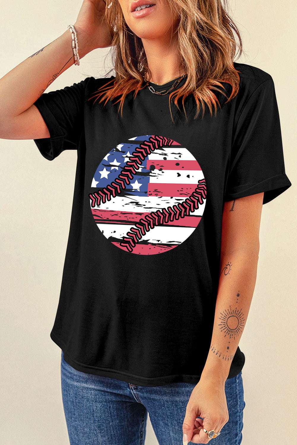 US Flag Round Neck Short Sleeve T-Shirt - Aurelia Clothing