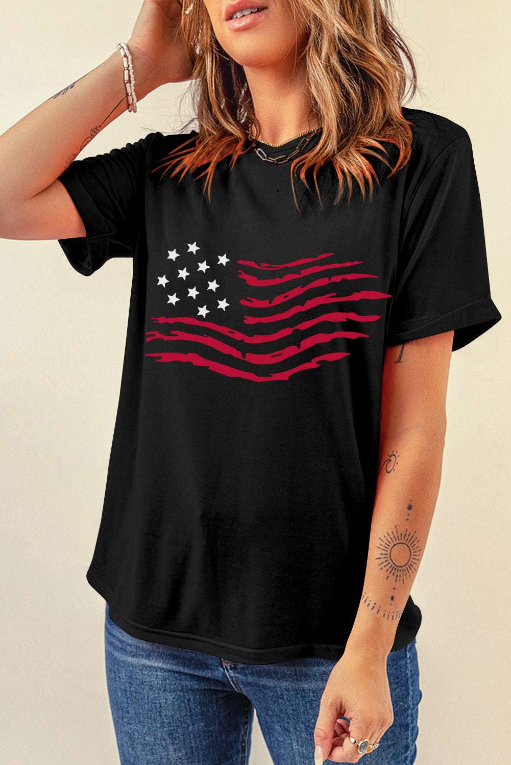US Flag Round Neck Short Sleeve T-Shirt - Aurelia Clothing