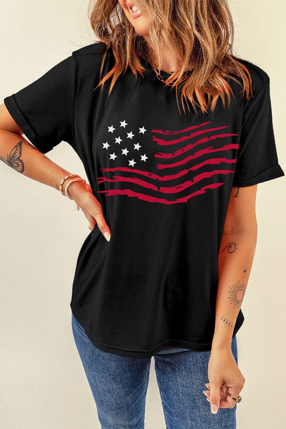 US Flag Round Neck Short Sleeve T-Shirt - Aurelia Clothing