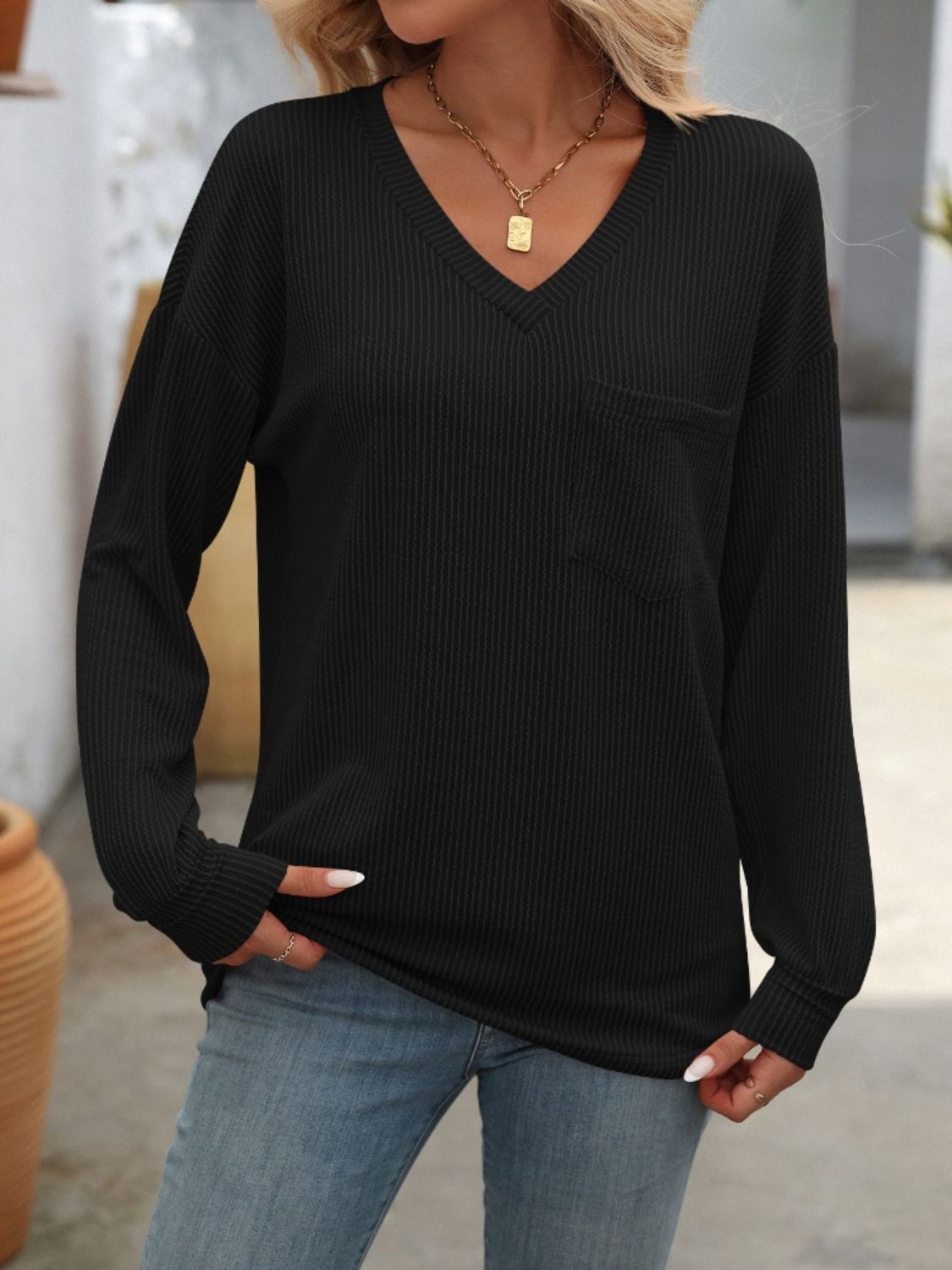 V-Neck Long Sleeve T-Shirt - Aurelia Clothing