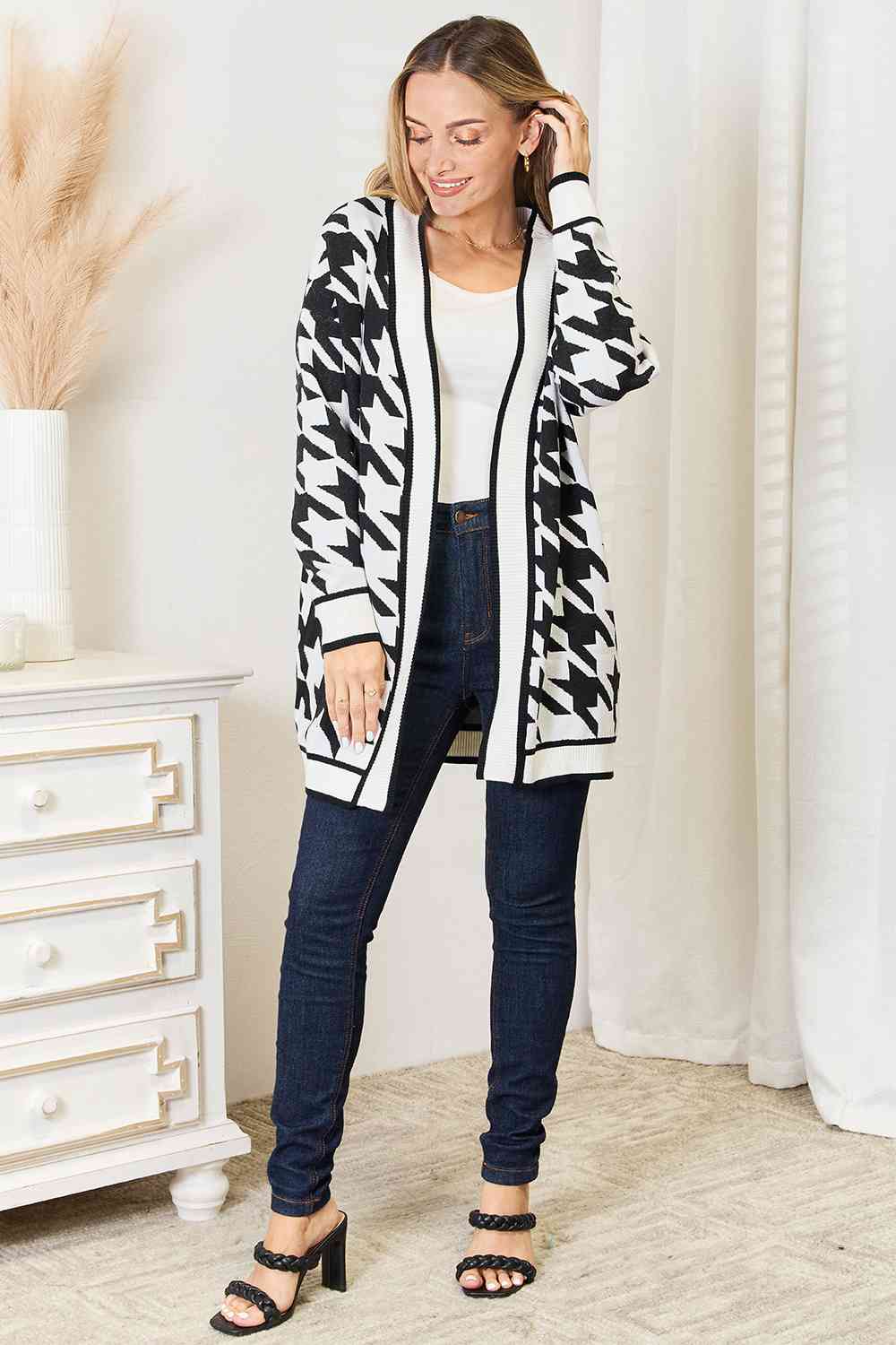 Woven Right Houndstooth Open Front Longline Cardigan - Aurelia Clothing
