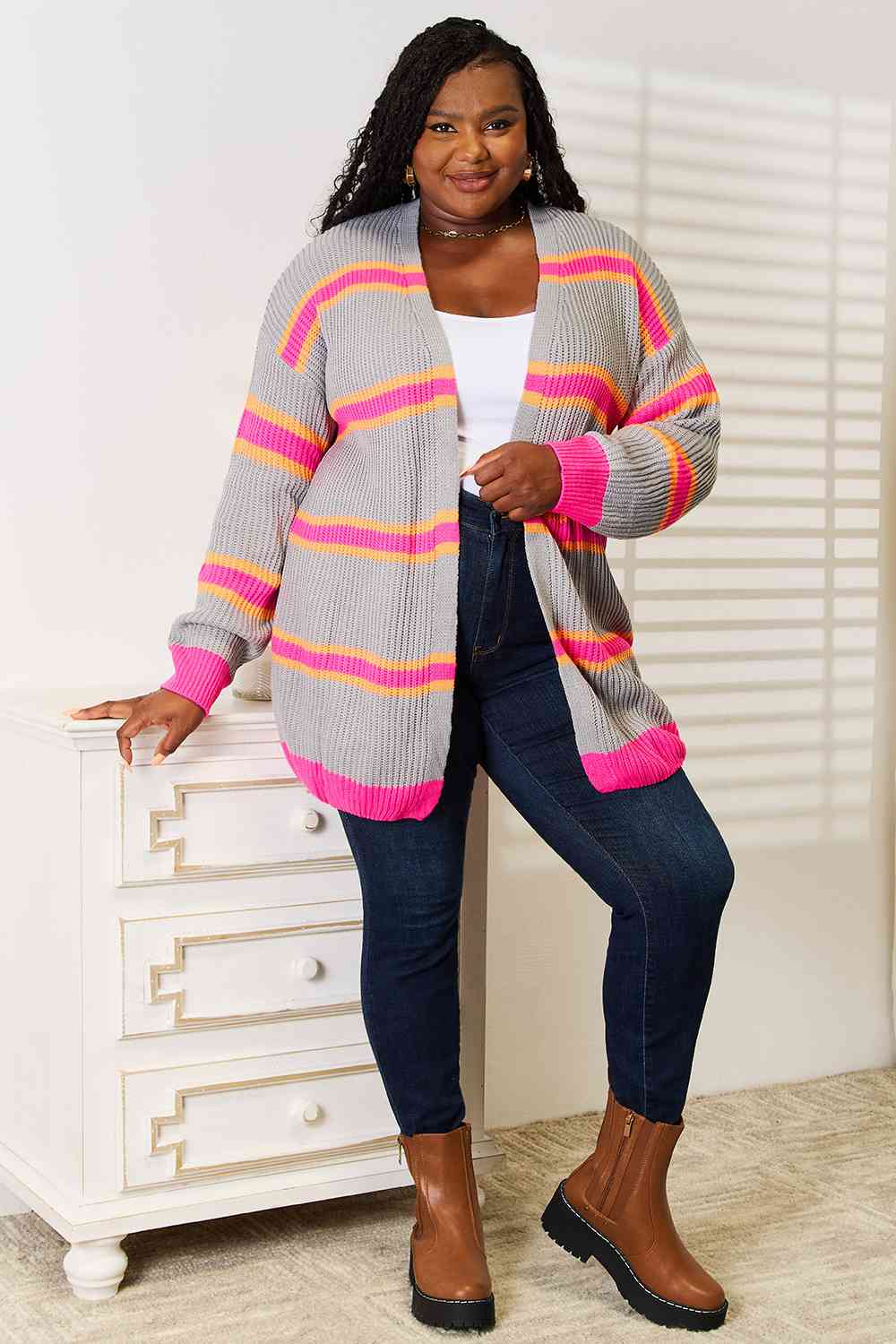 Woven Right Ribbed Long Sleeve Cardigan - Aurelia Clothing