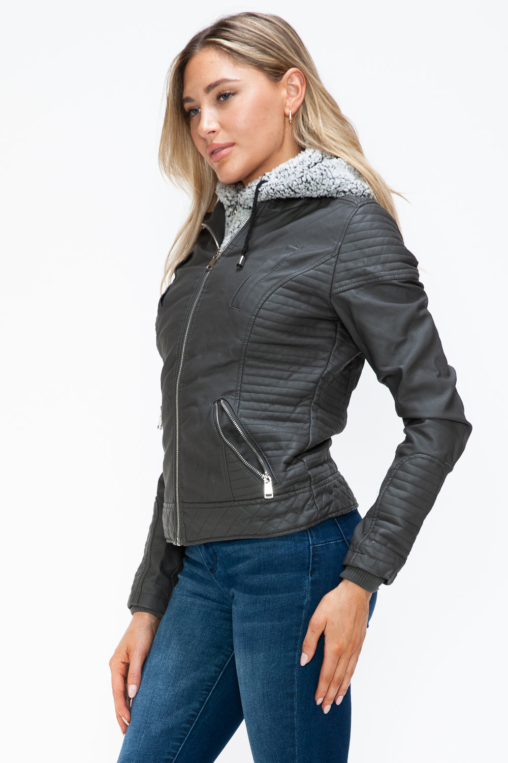 YMI Faux Layered Double-Zipper Jacket with Fuzzy Hood - Aurelia Clothing