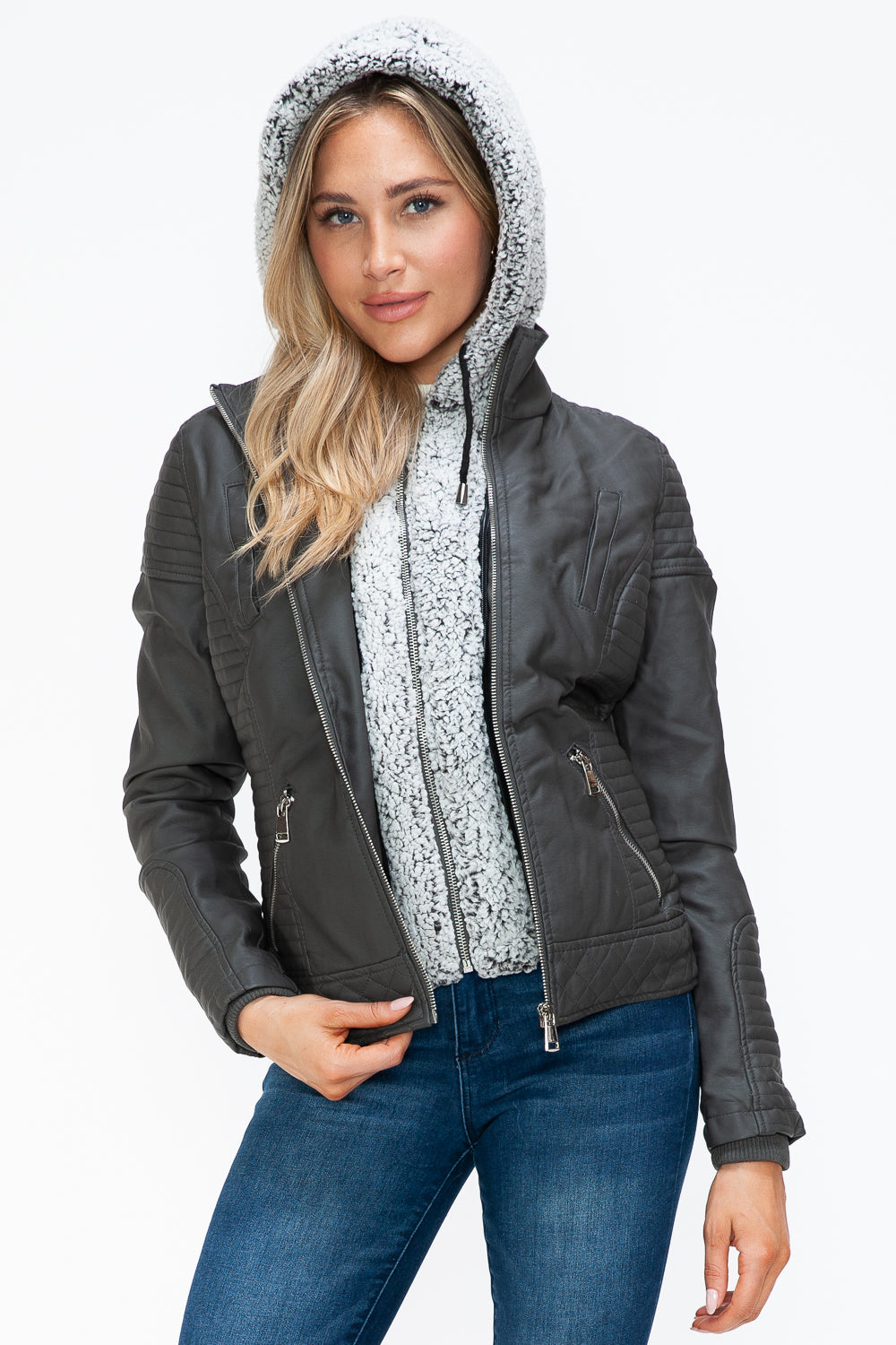 YMI Faux Layered Double-Zipper Jacket with Fuzzy Hood - Aurelia Clothing