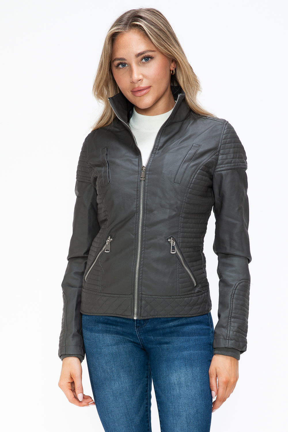 YMI Faux Layered Double-Zipper Jacket with Fuzzy Hood - Aurelia Clothing