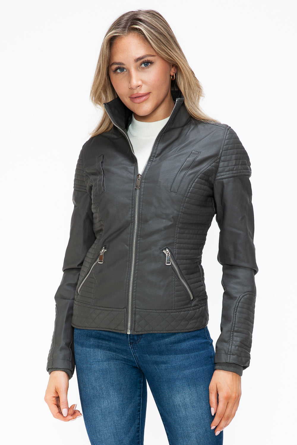YMI Faux Layered Double-Zipper Jacket with Fuzzy Hood - Aurelia Clothing