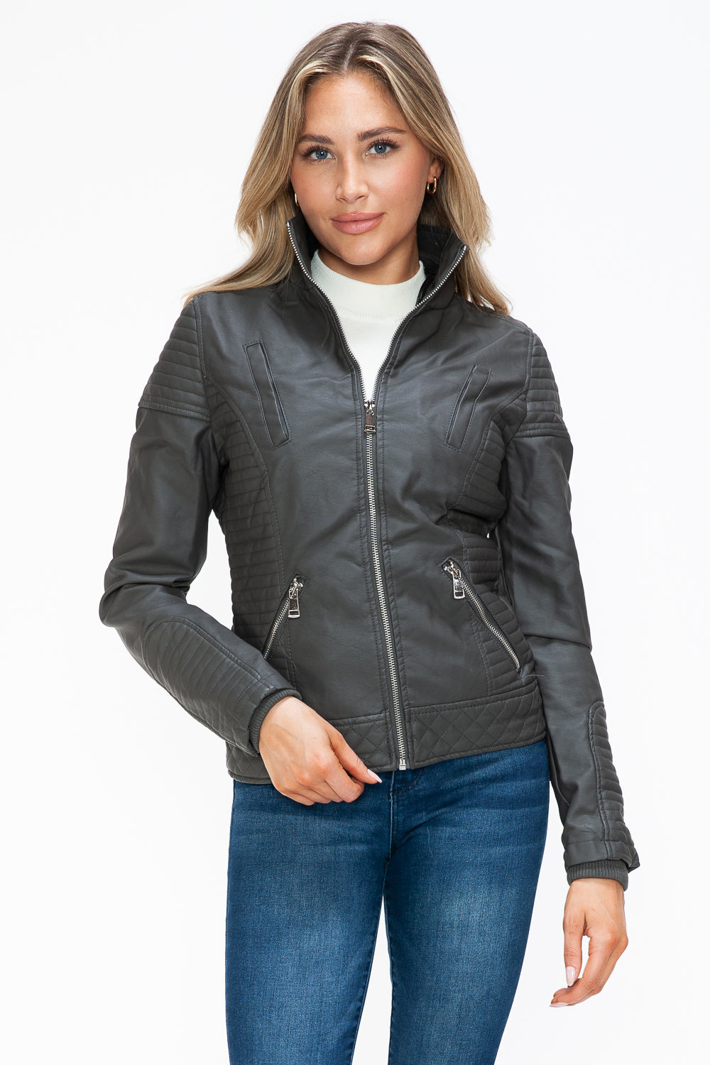 YMI Faux Layered Double-Zipper Jacket with Fuzzy Hood - Aurelia Clothing