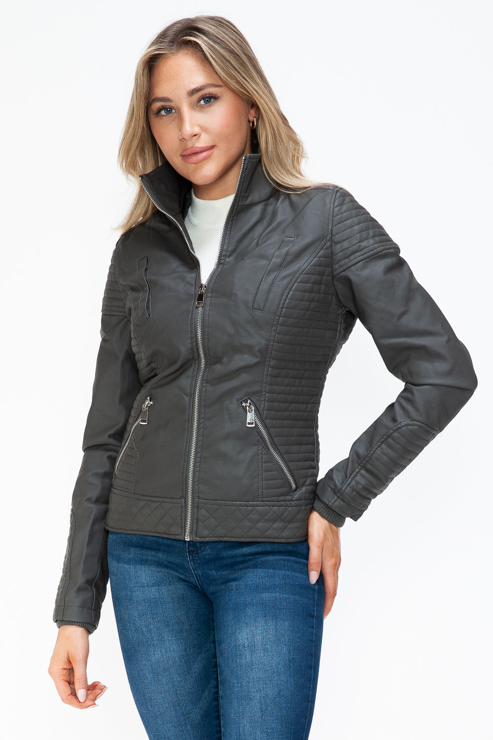 YMI Faux Layered Double-Zipper Jacket with Fuzzy Hood - Aurelia Clothing