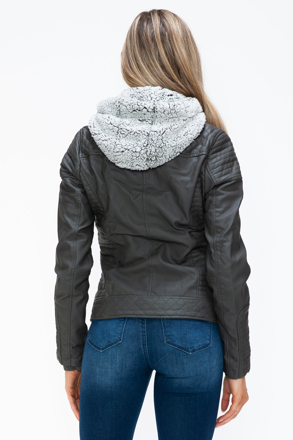 YMI Faux Layered Double-Zipper Jacket with Fuzzy Hood - Aurelia Clothing