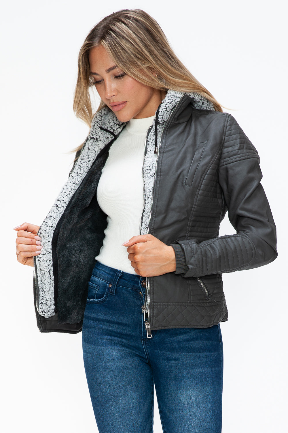 YMI Faux Layered Double-Zipper Jacket with Fuzzy Hood - Aurelia Clothing