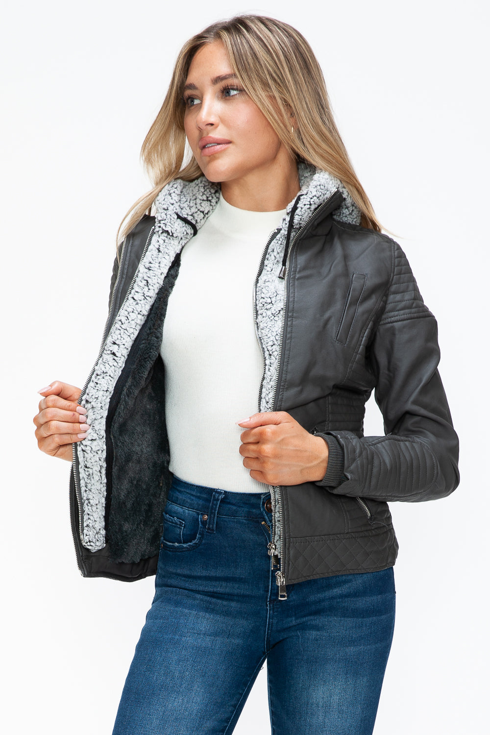 YMI Faux Layered Double-Zipper Jacket with Fuzzy Hood - Aurelia Clothing