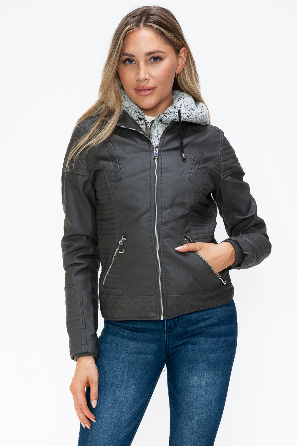 YMI Faux Layered Double-Zipper Jacket with Fuzzy Hood - Aurelia Clothing
