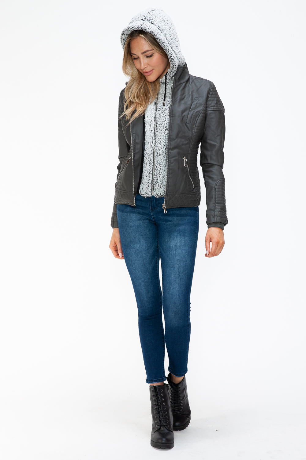 YMI Faux Layered Double-Zipper Jacket with Fuzzy Hood - Aurelia Clothing