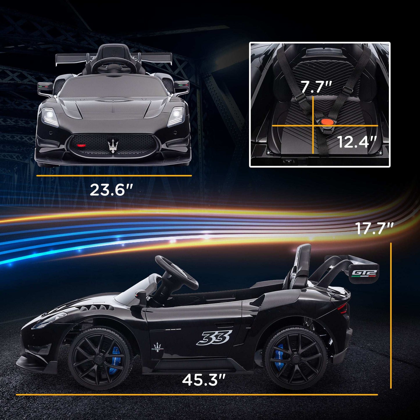 Qaba Maserati GT2 Licensed Ride On Car, 12V Battery Powered Electric Car for Kids with Shock-Absorbers, Auxiliary Wheels, 3MPH Racing Car with Remote, Horn Music LED Lights, Black - Free Ship - Aurelia Clothing