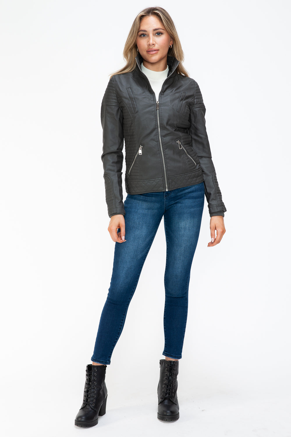YMI Faux Layered Double-Zipper Jacket with Fuzzy Hood - Aurelia Clothing