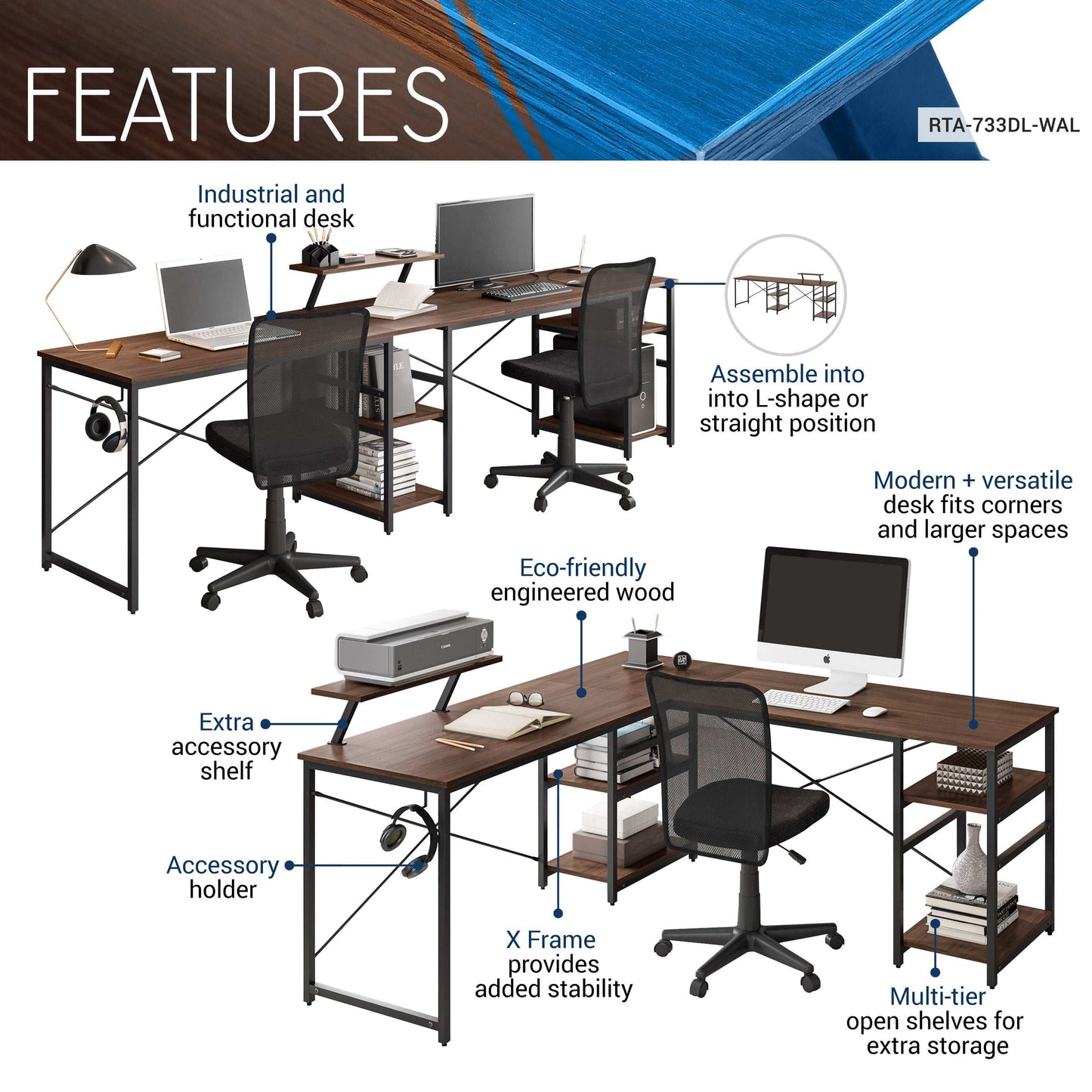 Techni Mobili L-Shape Industrial Desk with storage shelves, Walnut - Free Shipping - Aurelia Clothing