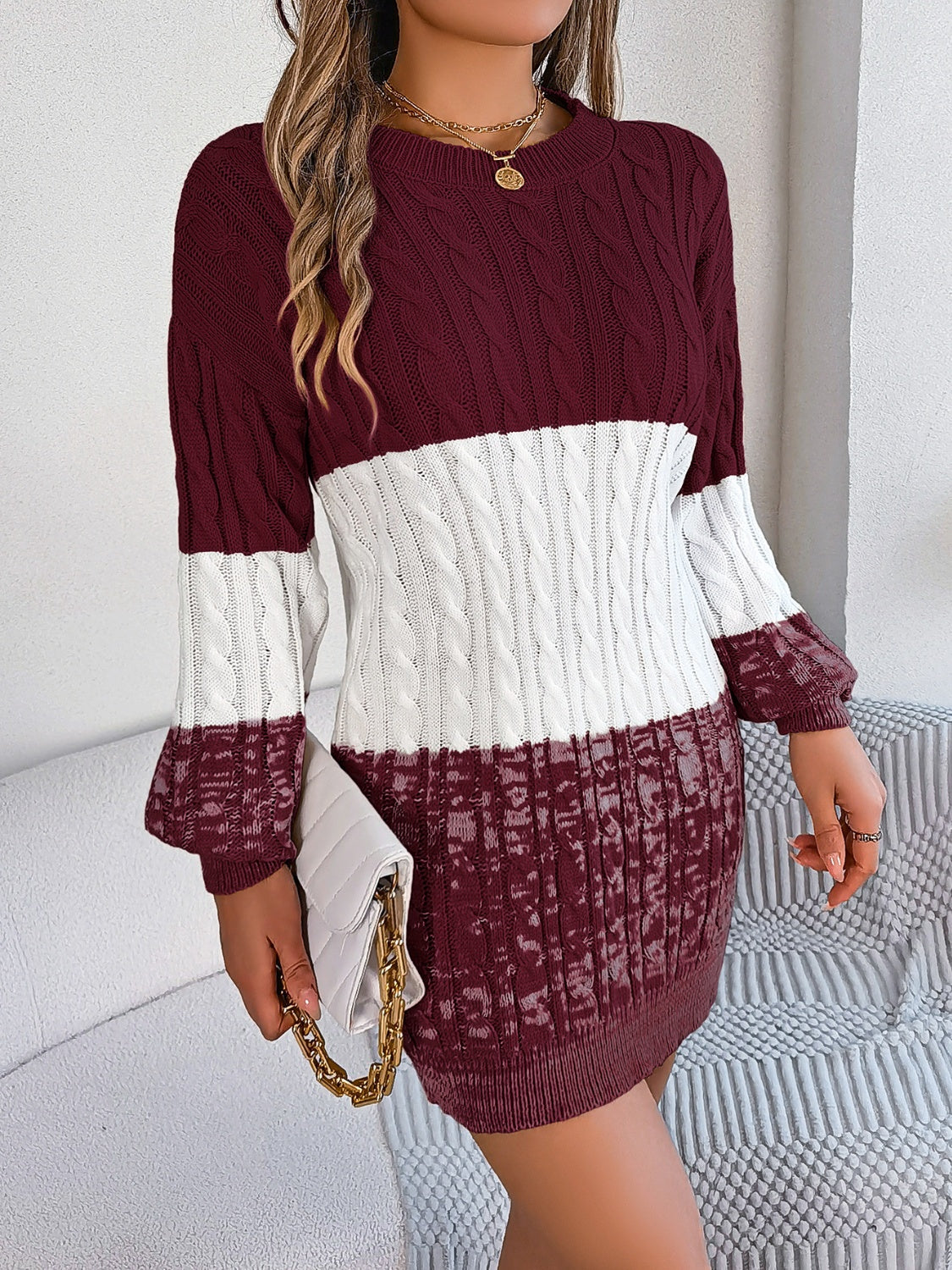 Cable-Knit Round Neck Color Block Sweater Dress - Free Shipping - Aurelia Clothing