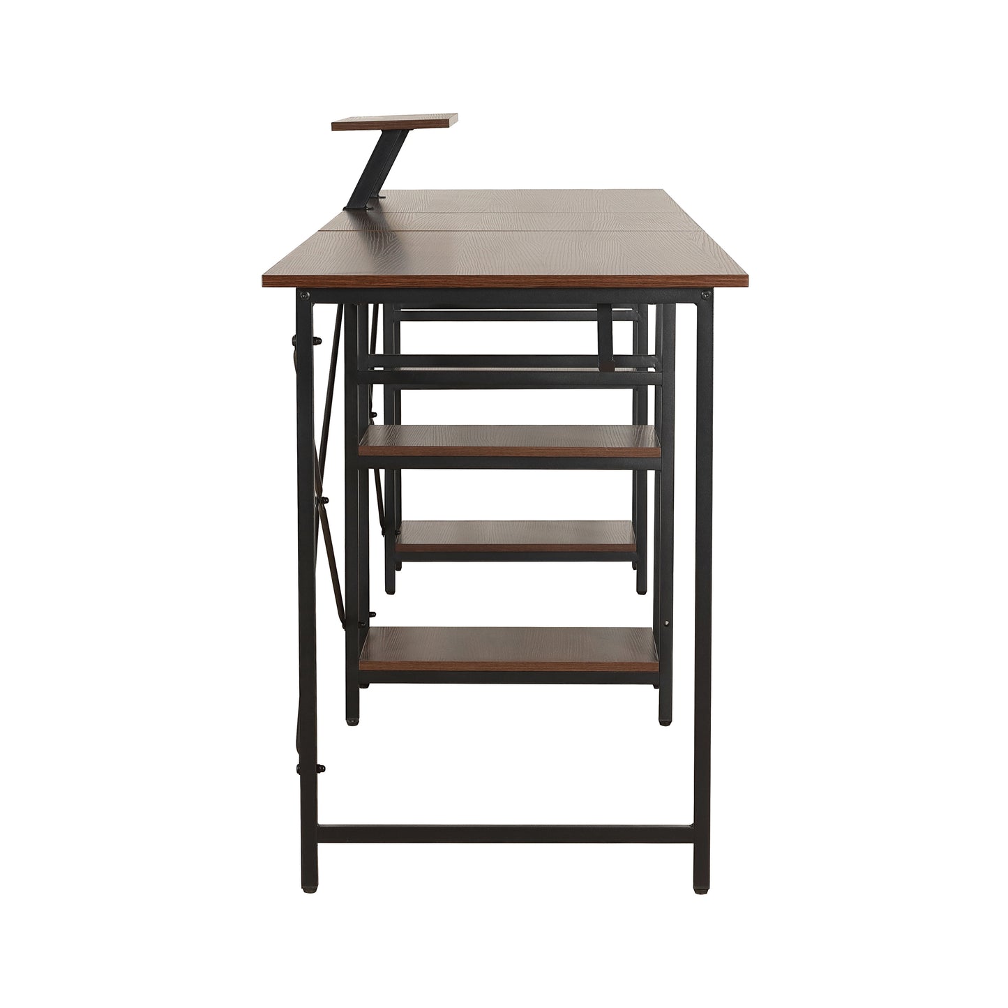 Techni Mobili L-Shape Industrial Desk with storage shelves, Walnut - Free Shipping - Aurelia Clothing