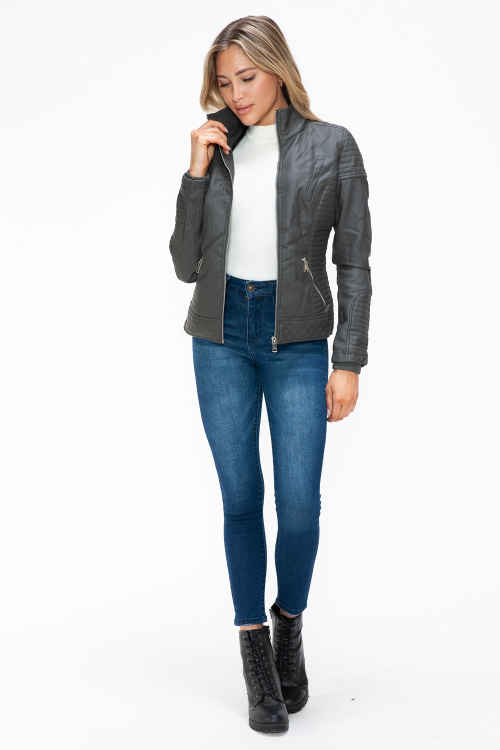 YMI Faux Layered Double-Zipper Jacket with Fuzzy Hood - Aurelia Clothing