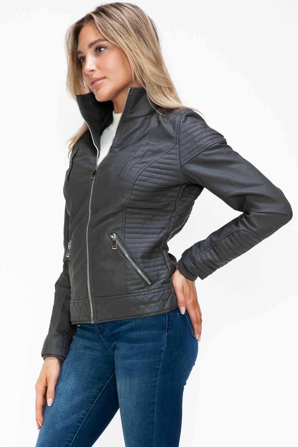 YMI Faux Layered Double-Zipper Jacket with Fuzzy Hood - Aurelia Clothing