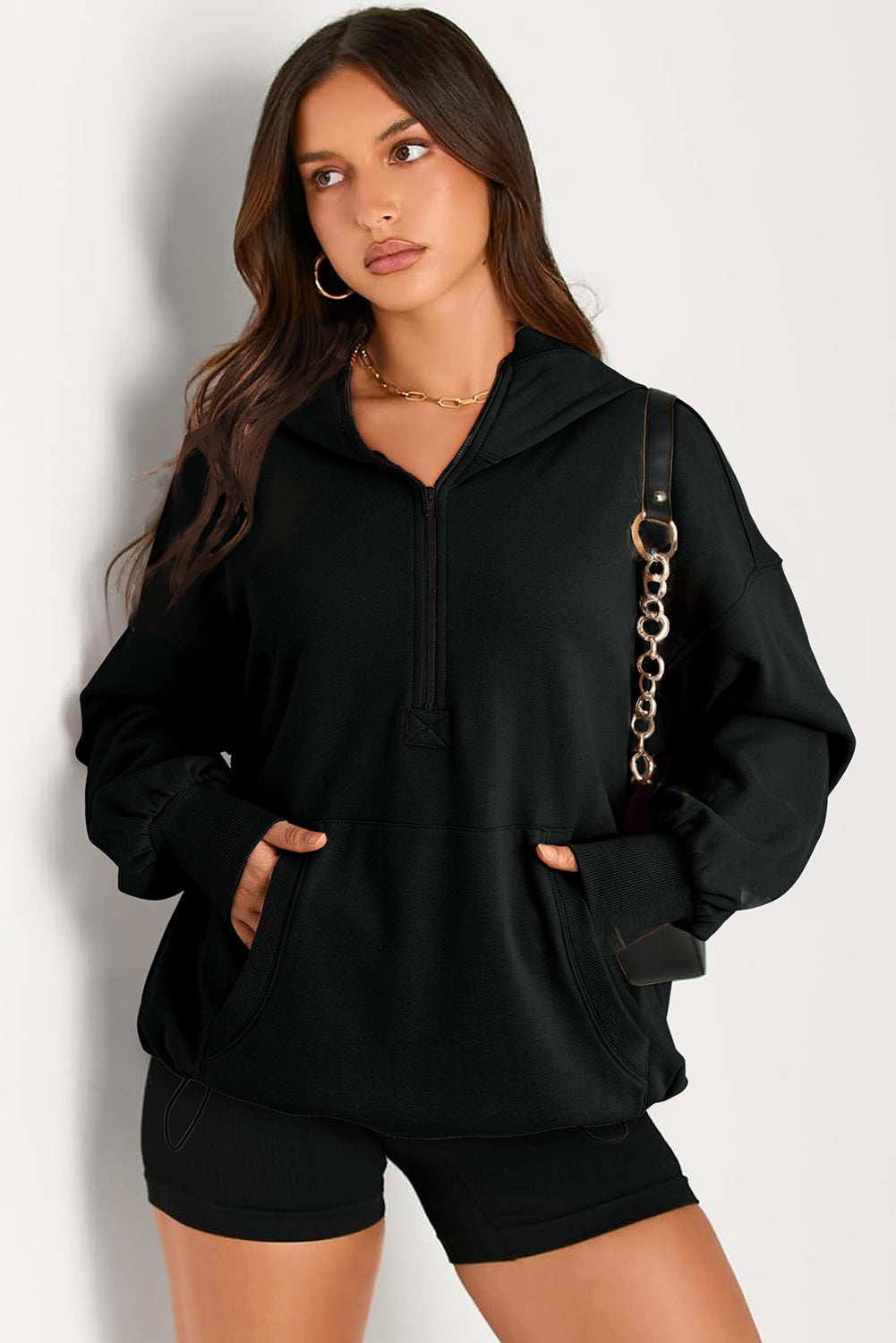 Pocketed Half Zip Long Sleeve Hoodie - Aurelia Clothing