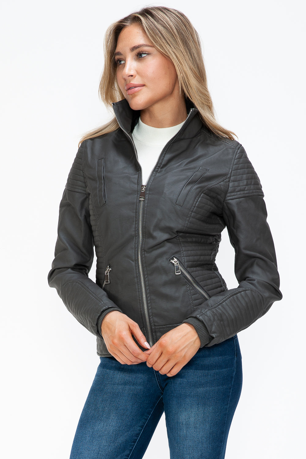 YMI Faux Layered Double-Zipper Jacket with Fuzzy Hood - Aurelia Clothing