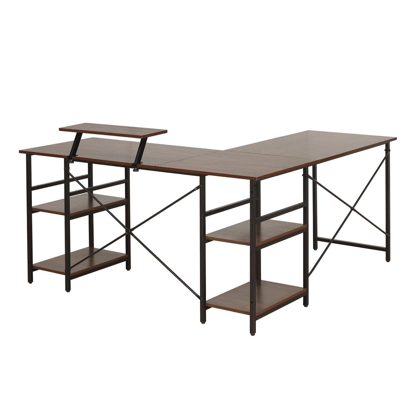 Techni Mobili L-Shape Industrial Desk with storage shelves, Walnut - Free Shipping - Aurelia Clothing