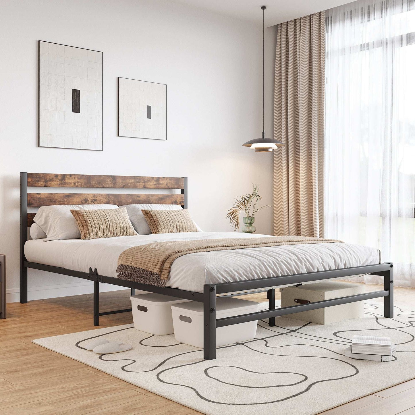 Queen Size Platform Bed Frame with Rustic Vintage Wood Headboard, Strong Metal Slats Support Mattress Foundation, No Box Spring Needed Rustic Brown - Free Shipping - Aurelia Clothing