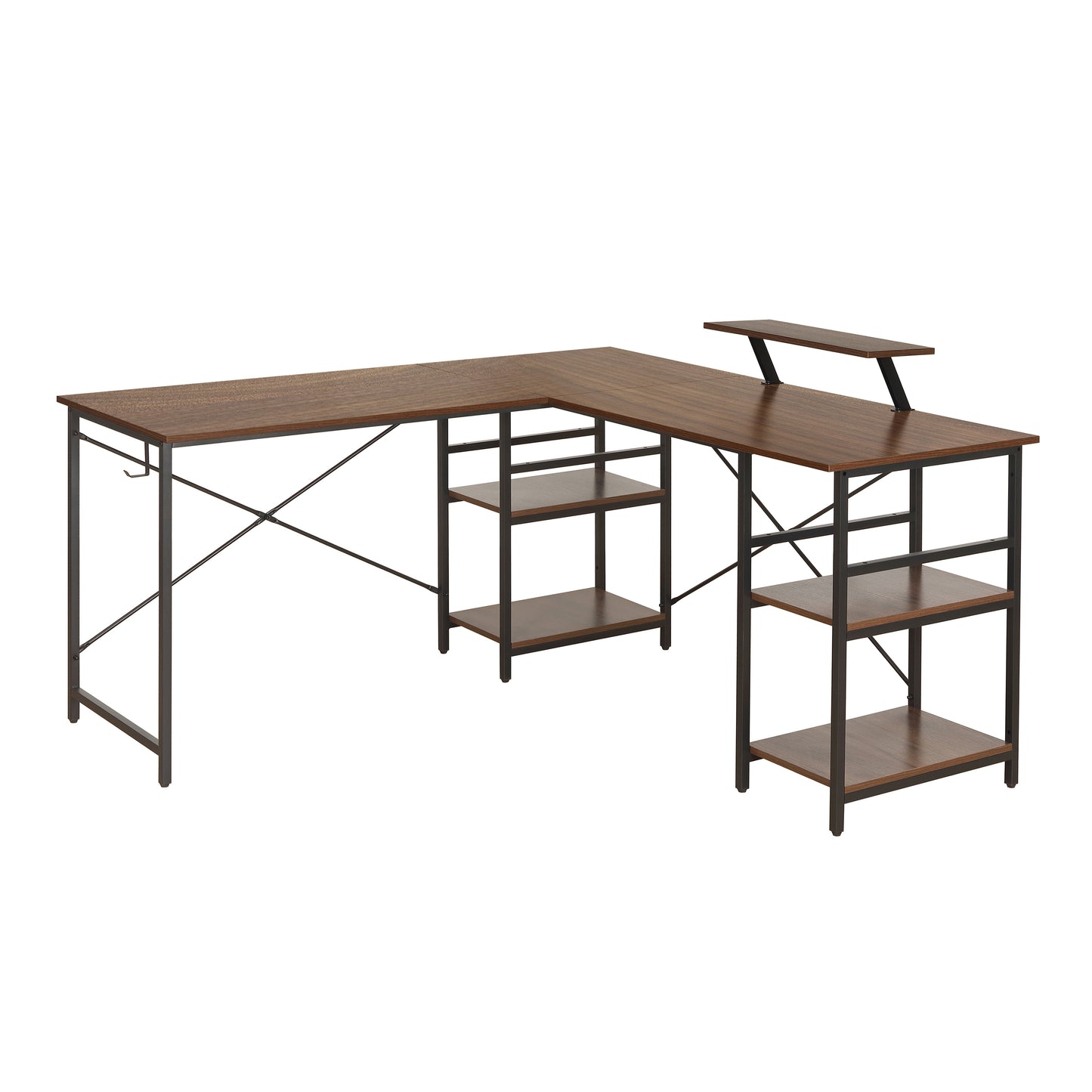Techni Mobili L-Shape Industrial Desk with storage shelves, Walnut - Free Shipping - Aurelia Clothing