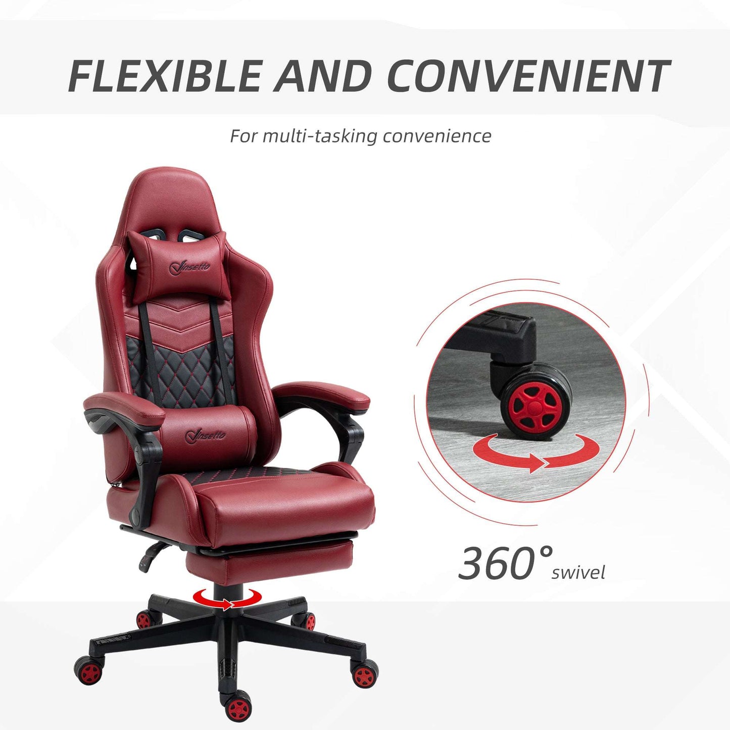 Vinsetto Racing Gaming Chair Diamond PU Leather Office Gamer Chair High Back Swivel Recliner with Footrest, Lumbar Support, Adjustable Height, Red - Free Shipping - Aurelia Clothing