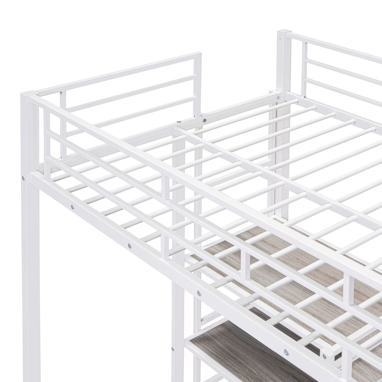 Twin Size Loft Bed with Desk and Whiteboard, Metal Loft Bed with 3 Shelves and Ladder, White - Free Shipping - Aurelia Clothing