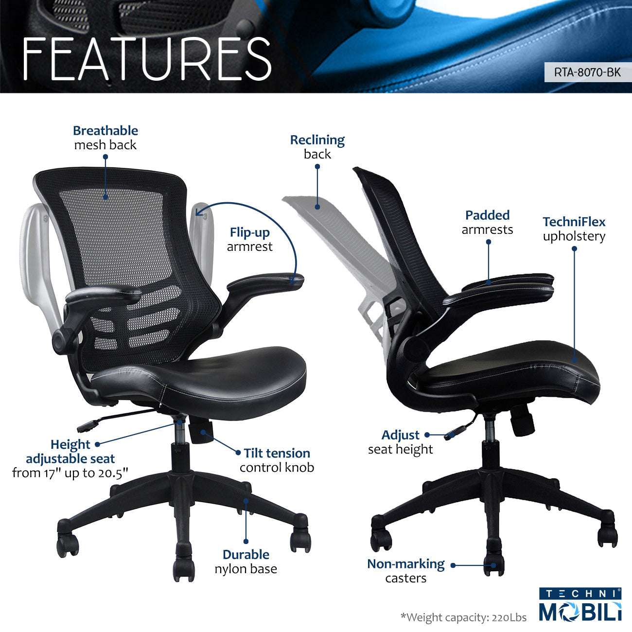Techni Mobili Stylish Mid-Back Mesh Office Chair with Adjustable Arms, Black - Free Shipping - Aurelia Clothing