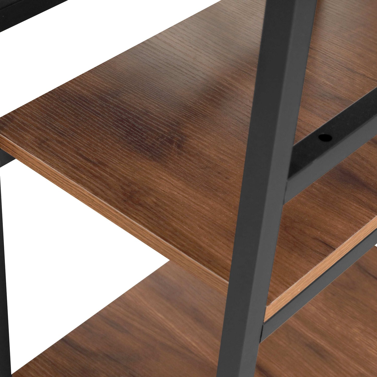 Techni Mobili L-Shape Industrial Desk with storage shelves, Walnut - Free Shipping - Aurelia Clothing