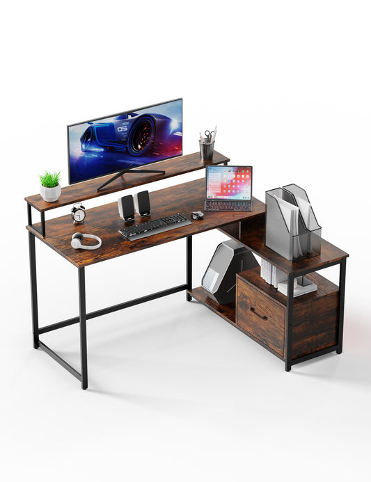 Home Office Computer Desk with File Drawer, LED Strip, Power Outlet, L-Shaped Gaming Desk with Monitor Shelf and Printer Storage Shelf - Free Shipping - Aurelia Clothing
