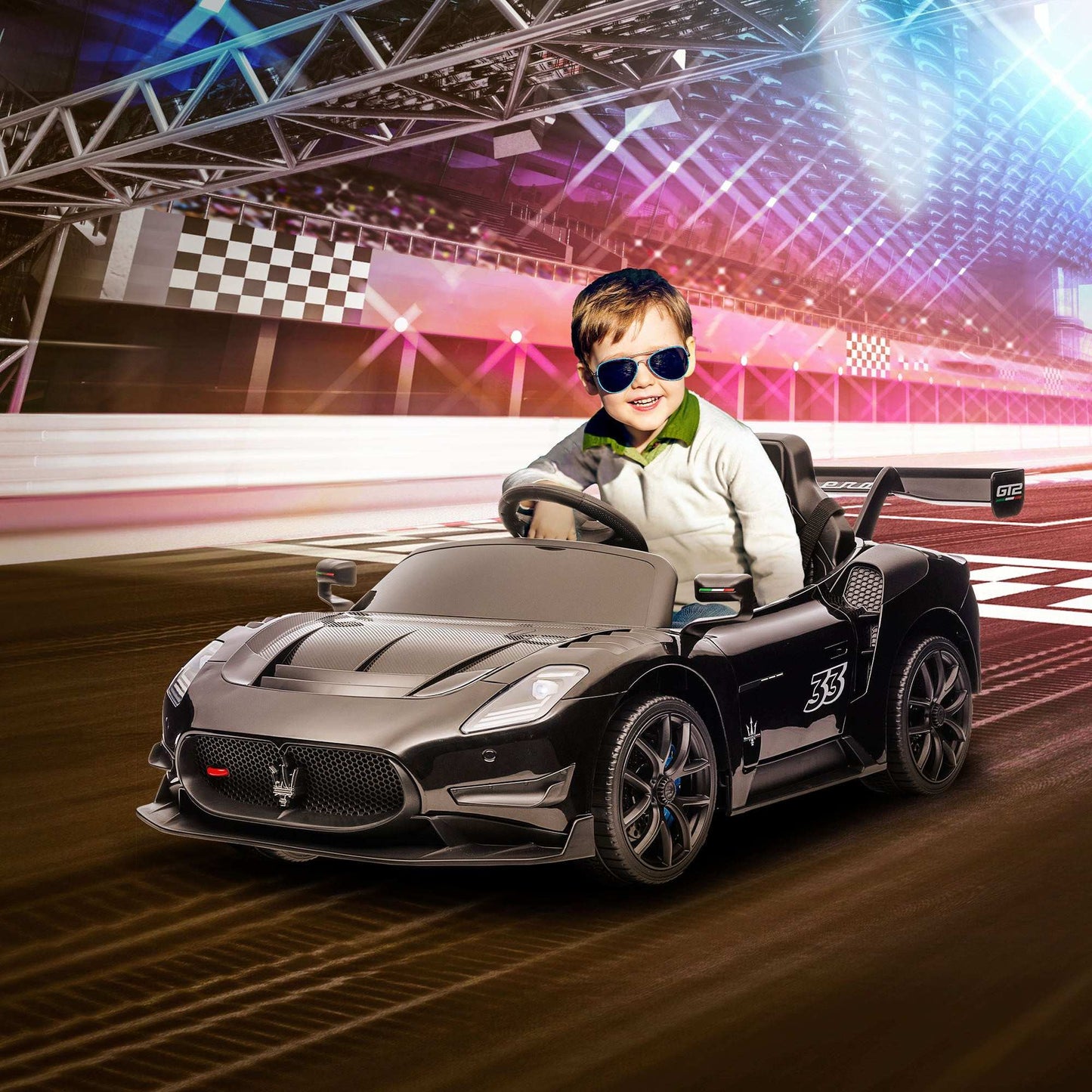 Qaba Maserati GT2 Licensed Ride On Car, 12V Battery Powered Electric Car for Kids with Shock-Absorbers, Auxiliary Wheels, 3MPH Racing Car with Remote, Horn Music LED Lights, Black - Free Ship - Aurelia Clothing