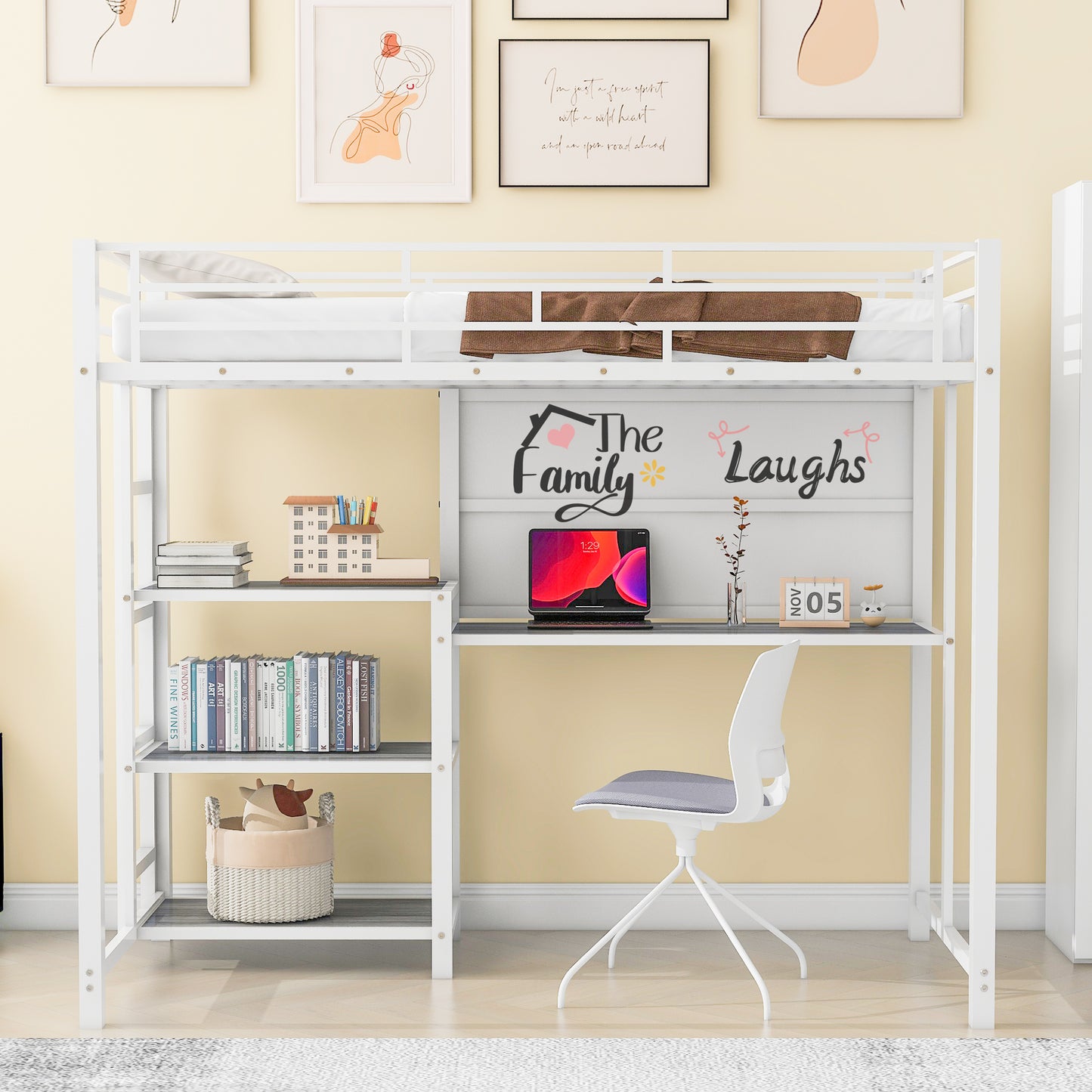 Twin Size Loft Bed with Desk and Whiteboard, Metal Loft Bed with 3 Shelves and Ladder, White - Free Shipping - Aurelia Clothing