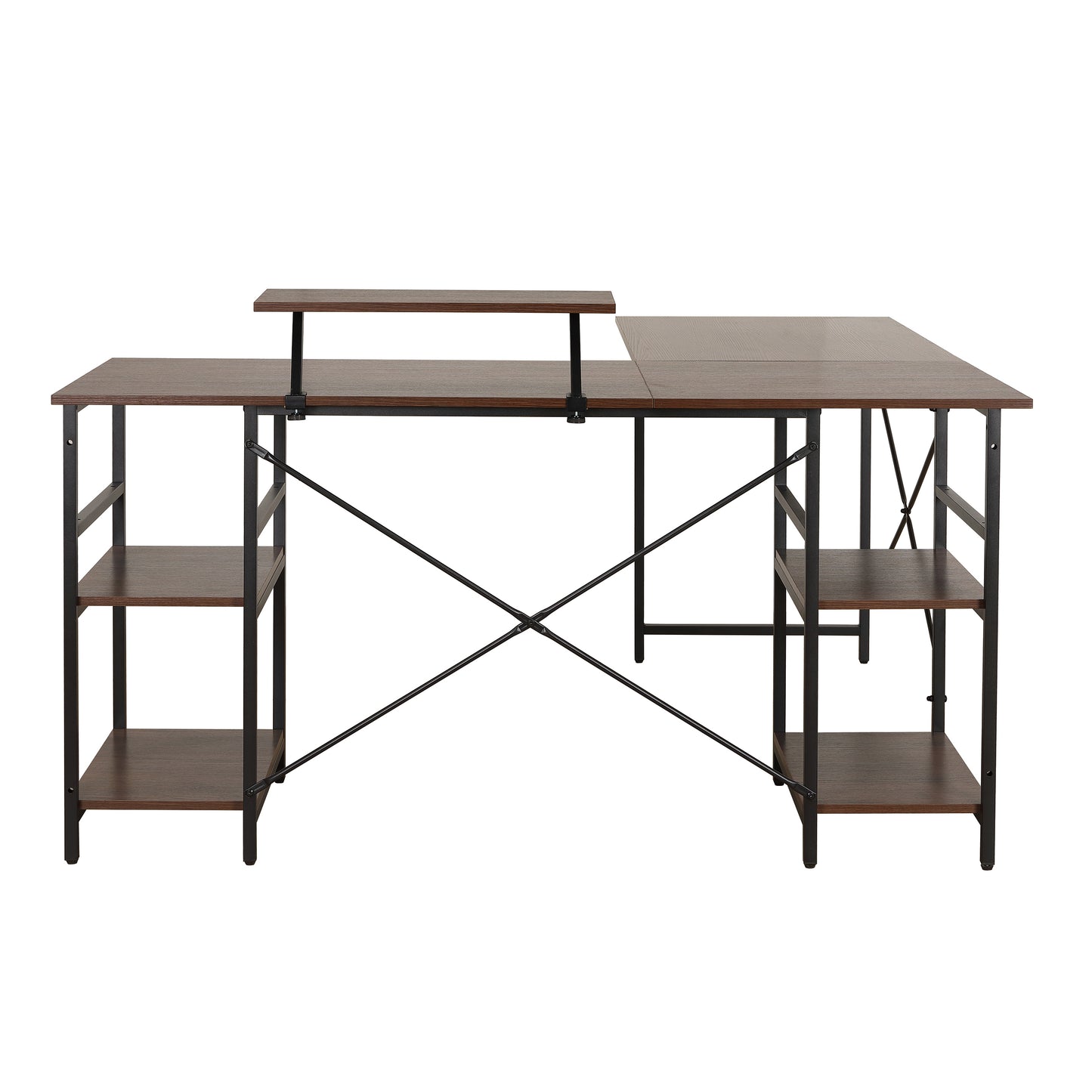 Techni Mobili L-Shape Industrial Desk with storage shelves, Walnut - Free Shipping - Aurelia Clothing