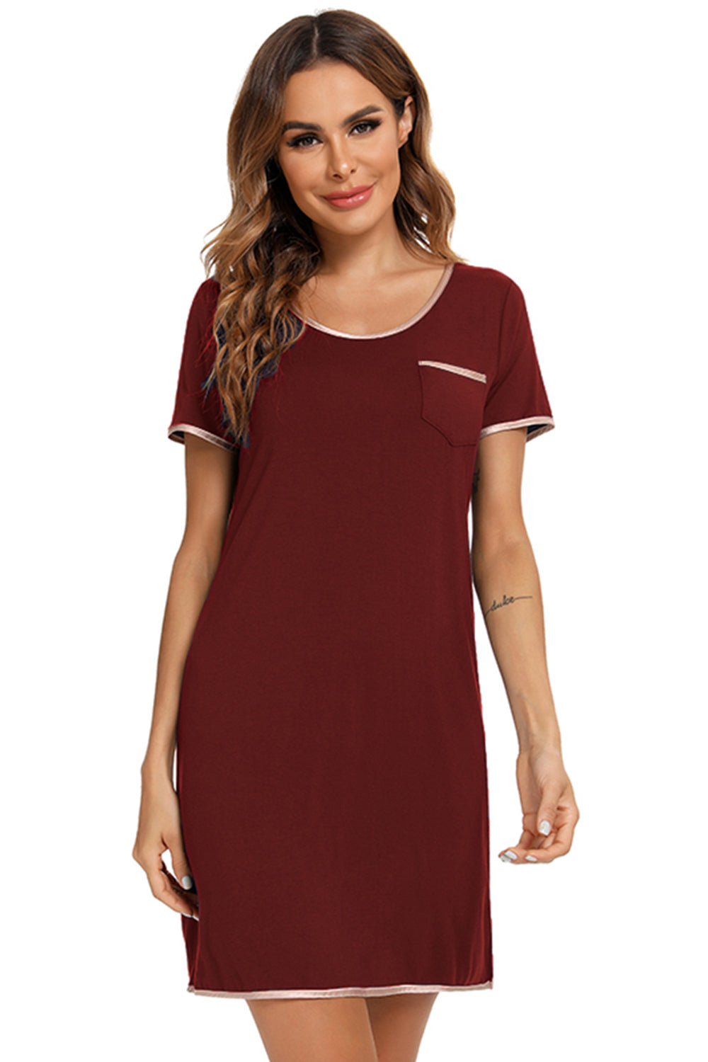 Contrast Trim Pocketed Round Neck Lounge Dress - Aurelia Clothing