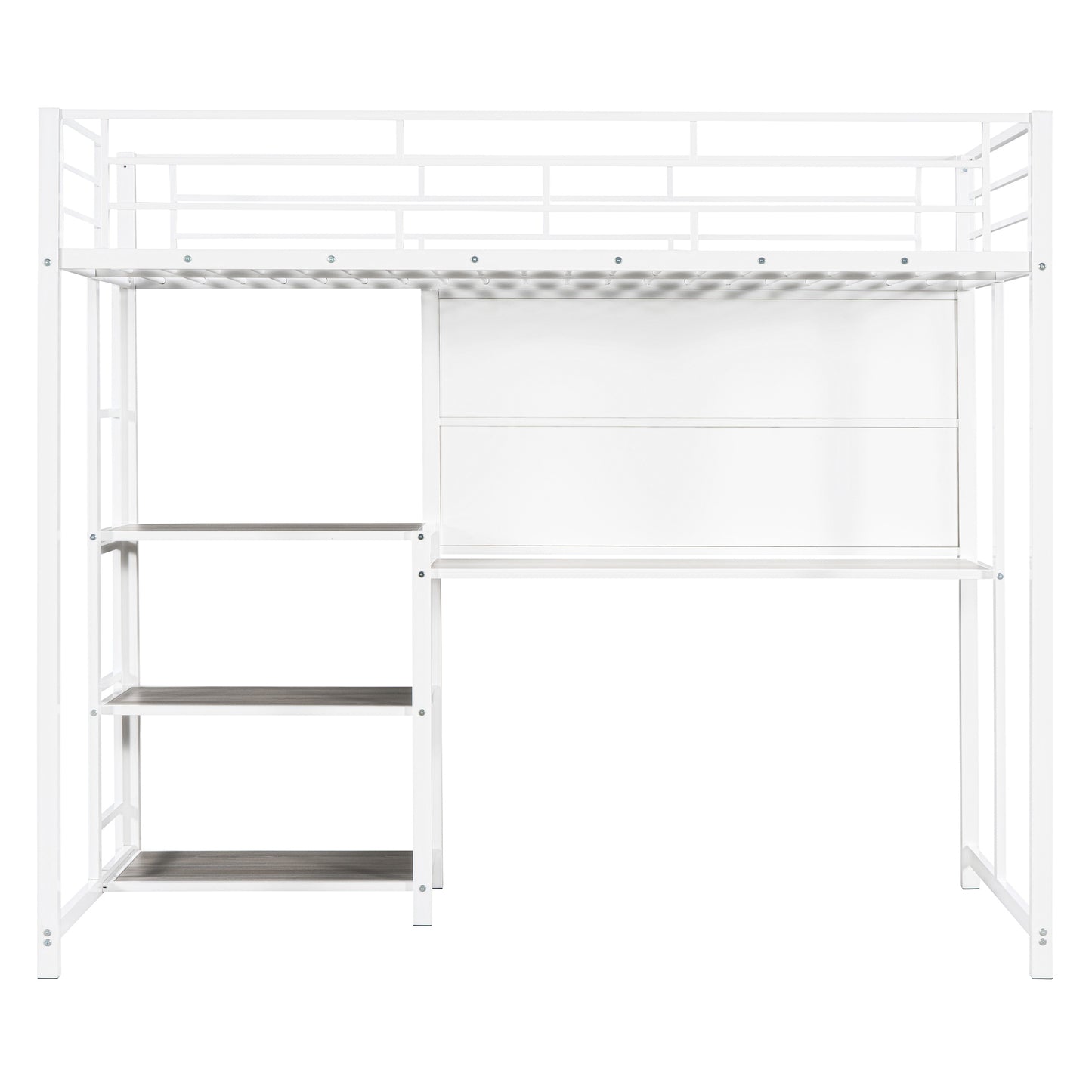 Twin Size Loft Bed with Desk and Whiteboard, Metal Loft Bed with 3 Shelves and Ladder, White - Free Shipping - Aurelia Clothing