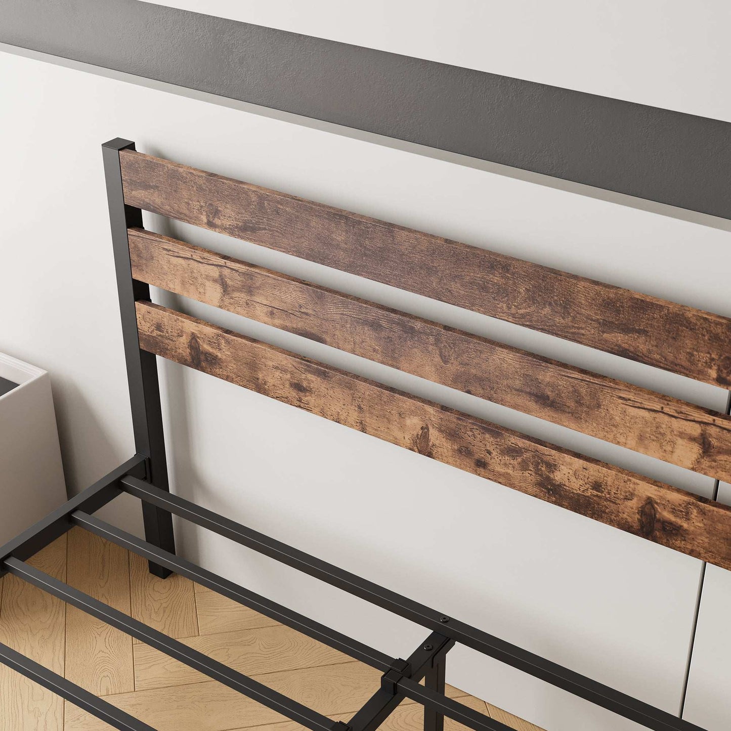 Queen Size Platform Bed Frame with Rustic Vintage Wood Headboard, Strong Metal Slats Support Mattress Foundation, No Box Spring Needed Rustic Brown - Free Shipping - Aurelia Clothing