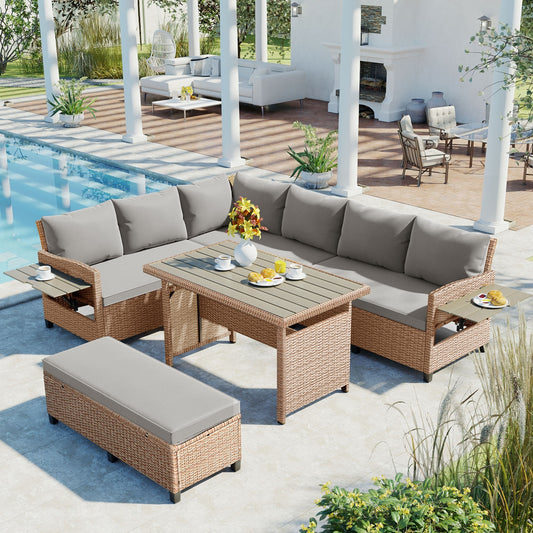 TOMAX 5-Piece Outdoor Patio Rattan Sofa Set, Sectional PE Wicker L-Shaped Garden Furniture Set with 2 Extendable Side Tables, Dining Table and Washable Covers for Backyard, Poolside, Indoor,  - Aurelia Clothing