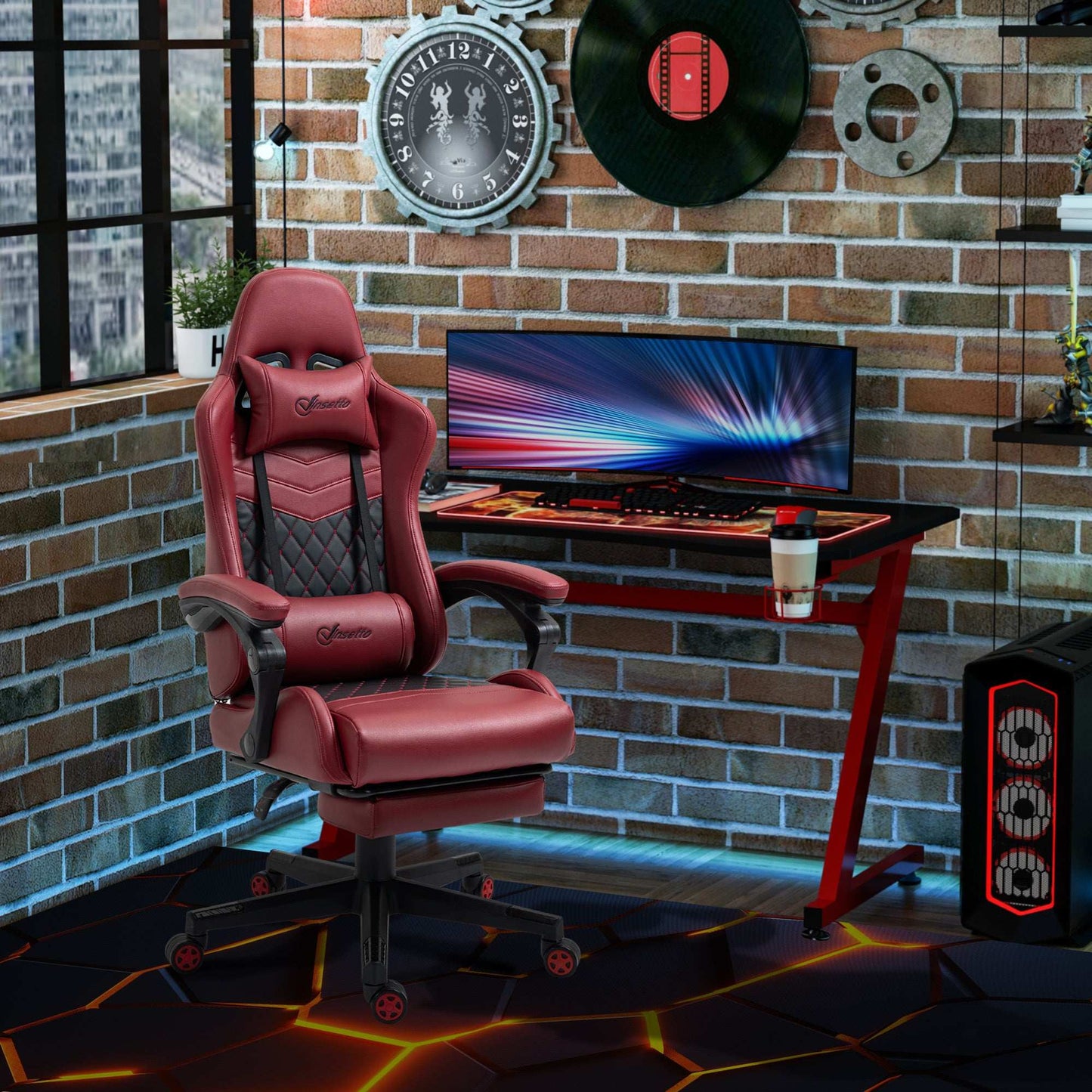 Vinsetto Racing Gaming Chair Diamond PU Leather Office Gamer Chair High Back Swivel Recliner with Footrest, Lumbar Support, Adjustable Height, Red - Free Shipping - Aurelia Clothing