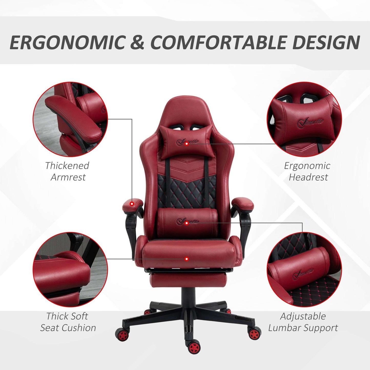 Vinsetto Racing Gaming Chair Diamond PU Leather Office Gamer Chair High Back Swivel Recliner with Footrest, Lumbar Support, Adjustable Height, Red - Free Shipping - Aurelia Clothing