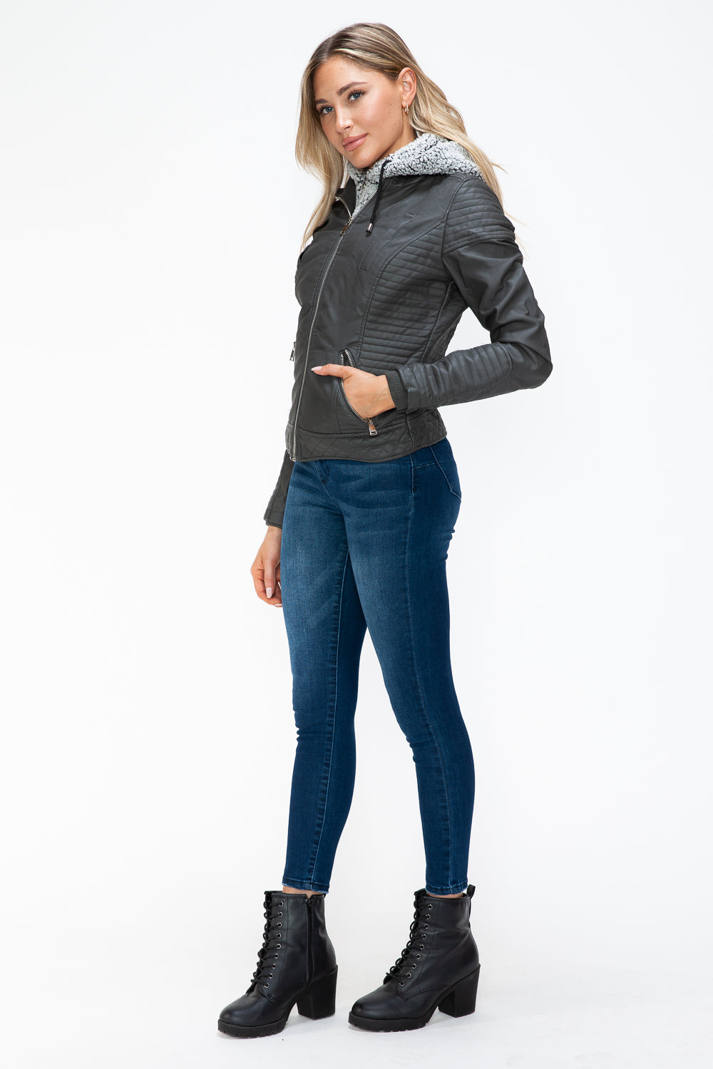 YMI Faux Layered Double-Zipper Jacket with Fuzzy Hood - Aurelia Clothing