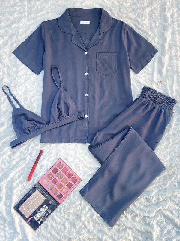 Women's solid color knitted casual pajamas three-piece set - Free Shipping - Aurelia Clothing